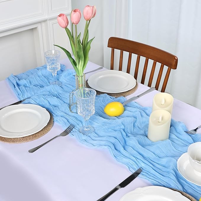 8 Pack Baby Blue Cheesecloth Table Runner 10ft Boho Gauze 120 Inch Cheese Cloth Table Runner Rustic Sheer for Spring Holiday Baby Shower Party Décor Home Wedding Decoration