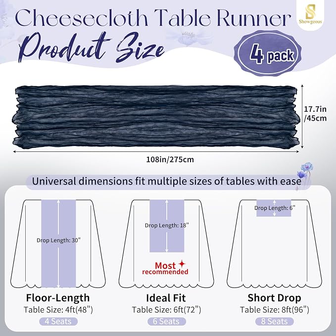 4 Pack Navy Blue Cheesecloth Table Runner 17 x 108 inch Boho Gauze Table Runner Rustic Sheer Cheese Cloth Table Decorations for Wedding Party Baby Bridal Shower Birthday Holiday Home