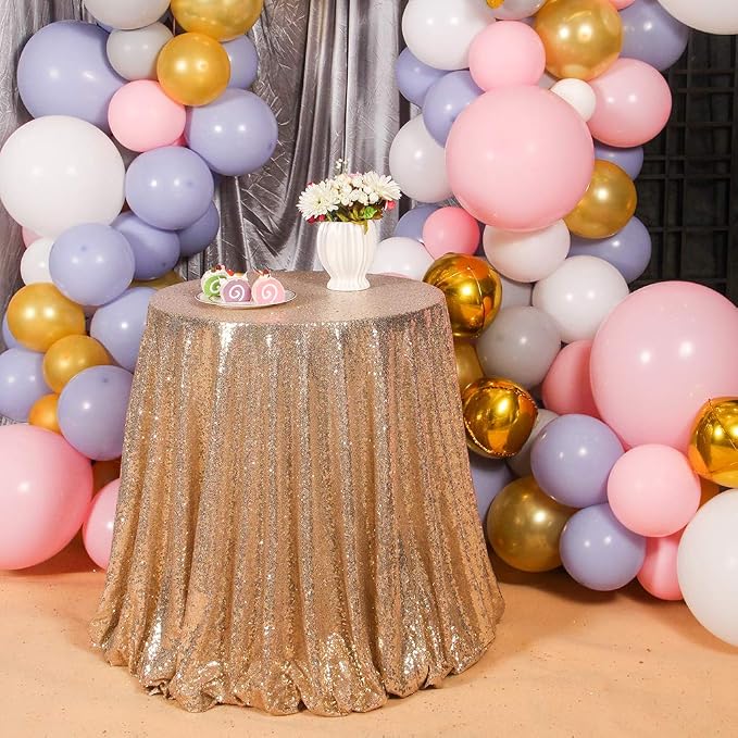 Juya Delight Round 108 inch Sequin Tablecloth Light Gold,Glitter Tablecloth for Party,Birthday,Bridal Shower,Wedding Decorations,