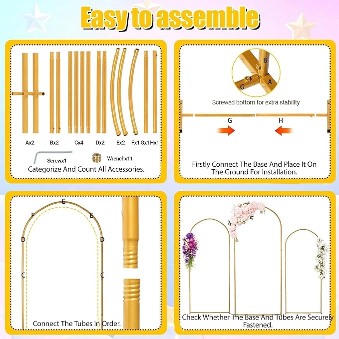 6 FT Arch Backdrop Stand, Wedding Arch Frame, Balloon Arch Stand with Base, Gold Balloon Arch Stand for Graduation, Photo Booth, Baby Showers, Birthday Party Decoration