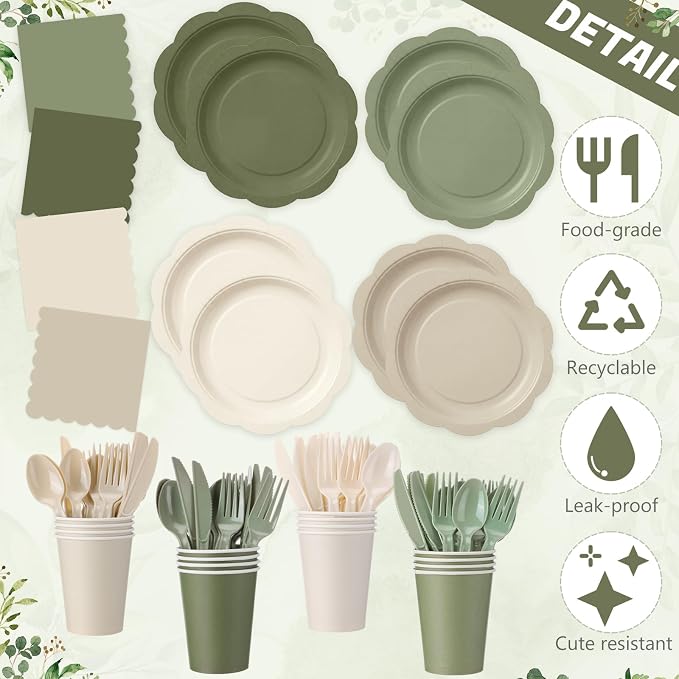 Ceenna 390 Pcs Sage Green Party Decoration for 48 Guests, Gradient Sage Green Beige Paper Plates Napkins Cups Tablecloth Cutlery Disposable Tableware Set for Birthday Baby Shower Wedding Party Supply
