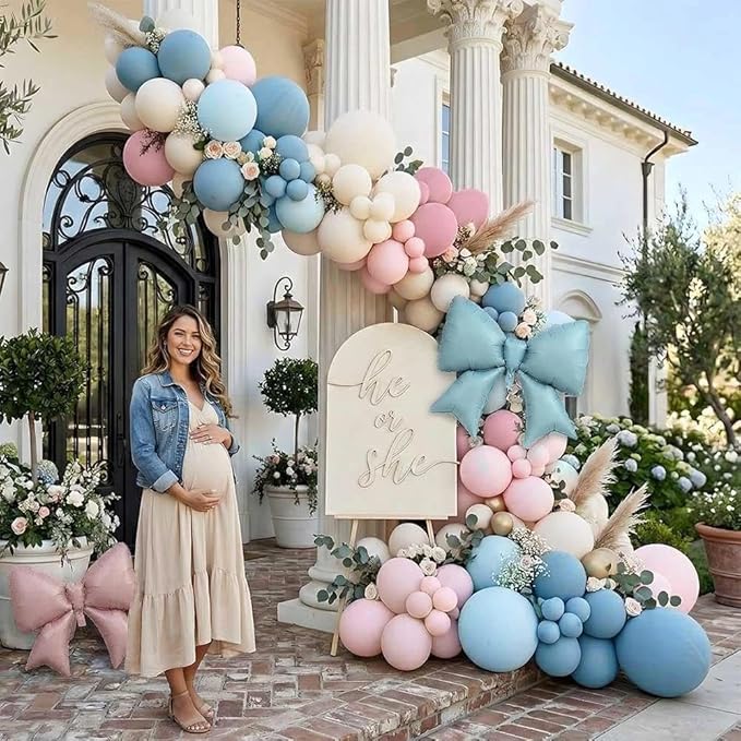 Double Stuffed Gender Reveal Balloon Arch Garland Kit 2 Large Foil Bow Balloons,Pink Blue Ivory Pastel Party Balloon for He or She, Boho Baby Shower,1st Birthday