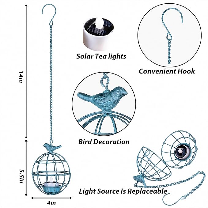 Outdoor Solar Hanging Lantern Lights, 4 Pack Rustic Ball Birdcage Hanging Candle Holder with Solar Tea Lights, Waterproof Chandelier for Tree, Pergola, Patio Decor (Vintage Blue)