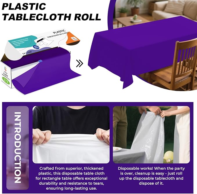 54IN X 160FT Plastic Table Cover Roll with Cutter Box, Cut to Size Plastic Table Cloths for Parties, Birthday, Disposable Tablecloth Roll for All Shape Tables (Purple, 54 Inch X 160 Feet)