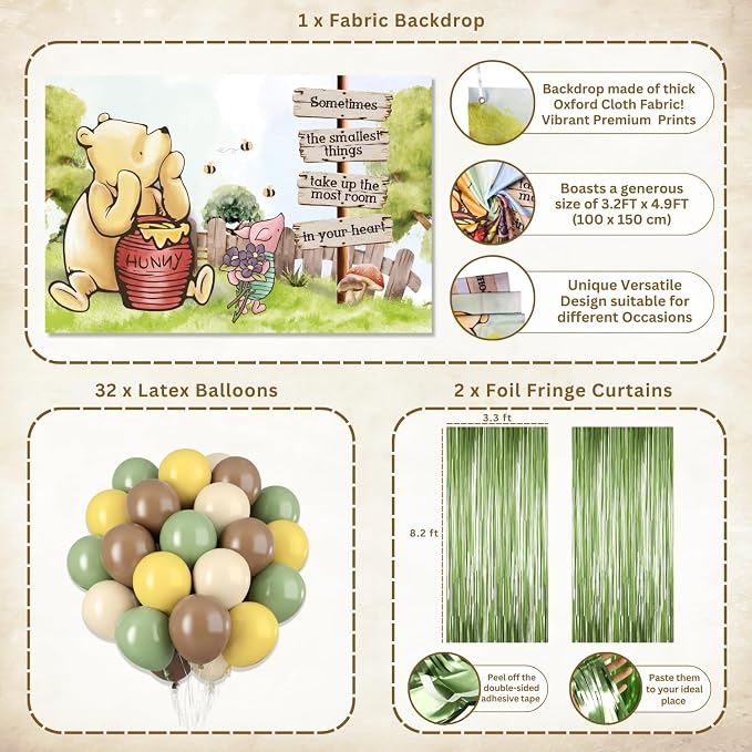 Winnie Baby Shower Decorations – the Pooh Backdrop, Balloons & Banner Kit | 2026 Family Choice Award winner - reusable Oxford-cloth backdrop (not paper), 39 balloons, banner, toppers & printable games