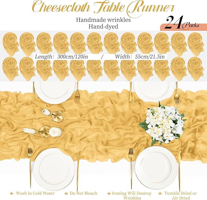 24 Packs Gold Cheesecloth Table Runner,10ft Gold Yellow Rustic Gauze Boho Wedding Table Runner Decoration, Wedding Table Decor Sheer Table Runner for Wedding Party Bridal Shower Table