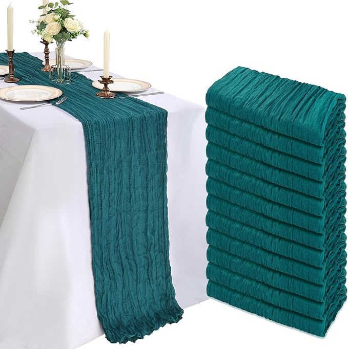 12 Pack 10FT Teal Cheesecloth Table Runner 120 Inch Long Gauze Rustic Boho Spring Cheese Cloth Table Runner Sheer Fabric Decorations for Holiday Party Wedding Banquet Bridal Baby Shower Décor