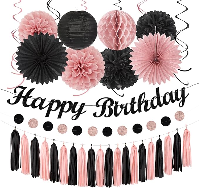 Blush-Pink Black Happy-Birthday Banner Party-Decorations - 31pcs 14th 40th Rose Gold Women Girls Paper Lanterns Streamers,Tissue Paper Flowers Pom Poms Fans Tassel Garland Sign Decor Backdrop Hugmoon