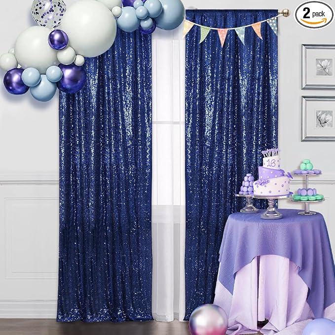 SquarePie 2 PCS 2x8ft Navy Blue Sequin Backdrop Curtains, Satin-Backed Shimmering Photo Booth Background, 2 Panels Narrow Real Sequin Drapes with 4" Rod Pocket for Party, Baby Shower, Doorway Decor