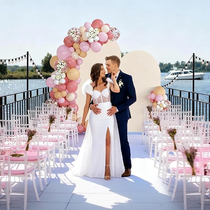 SuuWoee Arch Backdrop Stand Set of 2 With Beige Cover (7.2FT+6FT),Gold Metal Wedding Arch Balloon Stand With Cover for Birthday Party Baby Shower Graduation Ceremony Decoration