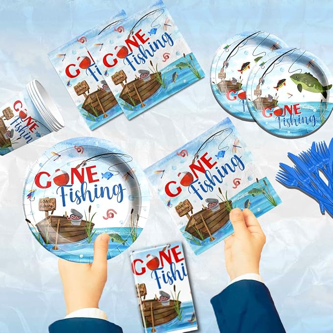 142 Pcs Gone Fishing Tableware,Fishing Birthday Party Decoration Little Fisherman Gone Fishing Themed Disposable Tablecloth,Plates,Napkins Cups Forks and Knives Supplies of Fishing Birthday Party