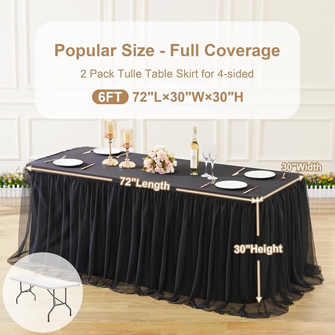 2 Pack Black Tulle Tablecloth Table Skirt for 6 Foot Rectangle Tables Birthday Table Cloths Ruffle Tutu Table Skirt Stretch Fitted Table Covers for Party Wedding Reception Baby Shower Banquet Decor