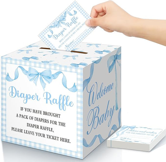 Teling 51 Pieces Diaper Raffle Tickets with Card Box Baby Shower Decorations Gender Reveal Holder Box for Girl Boy Diaper Raffle Party (Blue Bow)
