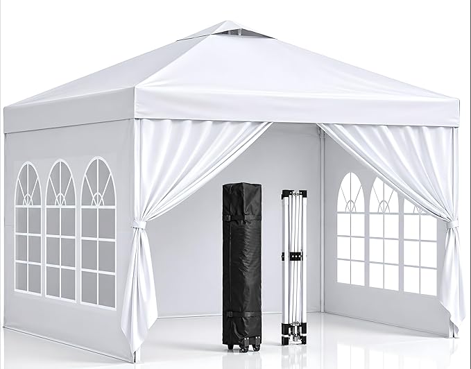 10x10 Pop Up Canopy with Sidewalls- Portable Sun Shade Beach Tent, Gazebo Heavy Duty with Cover Wheeled Bag, Ideal for Parties, Backyard, Camping (White)
