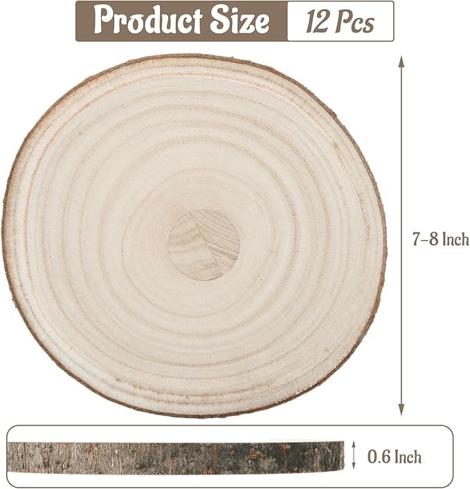 QTLCOHD 12 Pcs 7-8 Inch Large Wood Slice for Centerpieces, Natural Rustic Unfinished Wood Slab, Round Wooden Circle with Bark for Tables, Wedding Decoration, DIY Painting Crafts, Christmas Decor