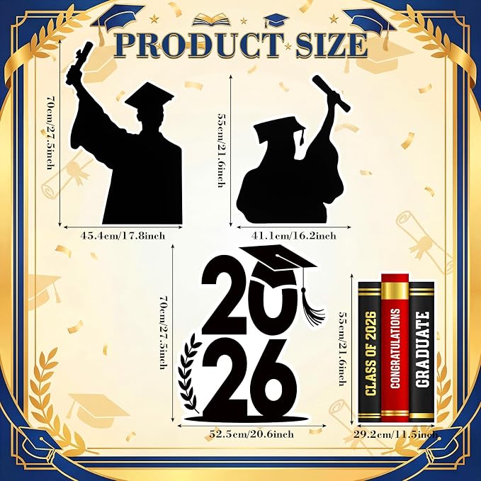 Honoson 4 Pcs Large 32" Graduation Party Decoration 2026 Cardboard Cutouts Stand up, Congrats Grad Party Photo Backdrop Prop Lawn Yard Signs for College School Graduation Supplies