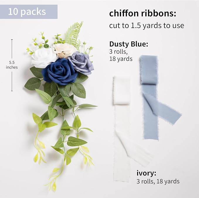 DORIS HOME Wedding Chair Decorations Blue Pew Flowers Set of 10 for Wedding Ceremony Party Aisle Decor with Artificial Flowers Eucalyptus and Ribbons