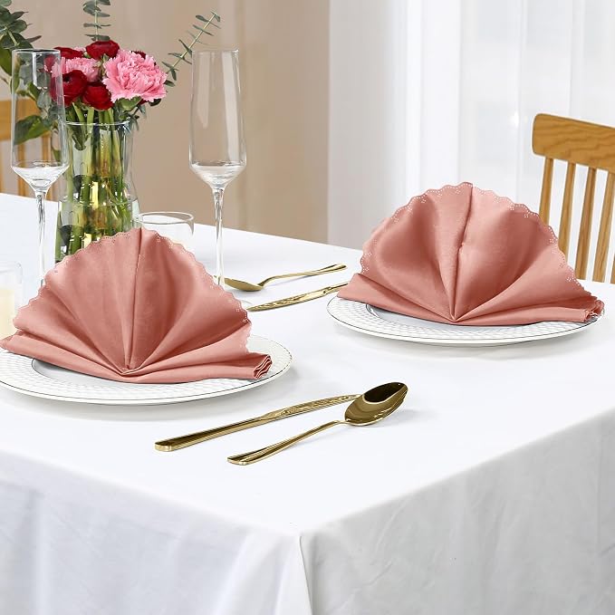 Homiest Rose Gold Satin Napkins - 100 Pack, 17x17 Inches, Scalloped Square, Elegant Wedding & Party Napkins