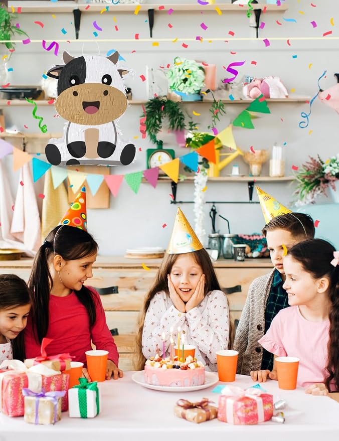 Cute Cow Piñata for Birthday Girls and Boys, Yellow Cow Piñata Includes 12pcs Paper Glasses, Blindfold, Stick, and Confetti, Perfect Farm Animal Themed Party Decorations (16 x 13 x 3.5 Inch)
