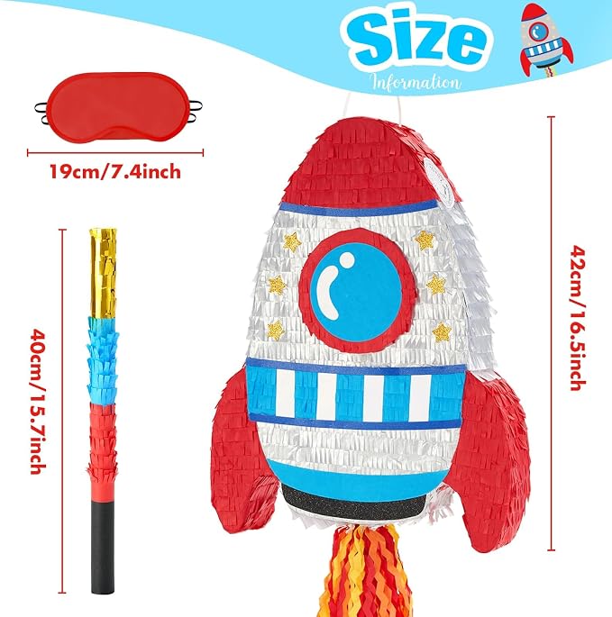 WERNNSAI Rocket Piñata - Rocket Ship Piñata Bundle with Blindfold and Bat Space Birthday Party Decoration for Boys Kids Family Games Space Ship Theme Party Supplies