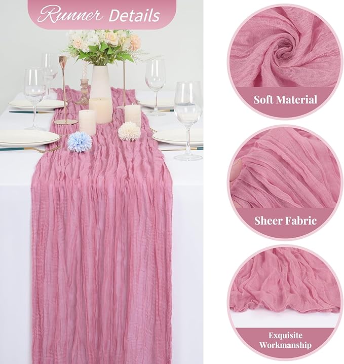 20 Pack Dusty Rose Cheesecloth Table Runner 120 Inch 10FT Rustic Boho Gauze Cheese Cloth Table Runner for Wedding Party Baby Shower Thanksgiving Christmas Decoration