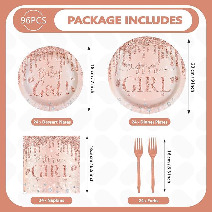 96Pcs It's a Girl Baby Shower Decorations Diamond Rose Gold Plates and Napkins Pink Girl Theme Disposable Paper Tableware Set for Girls Gender Reveal Baby Shower Birthday Party Supplies Serves 24