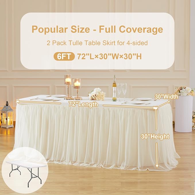 2 Pack Champagne Tulle Tablecloth Table Skirt for 6 Foot Rectangle Tables, Party Table Cloths Ruffle Tutu Table Skirt Stretch Fitted Table Covers for Baby Shower Wedding Bridal Shower Reception