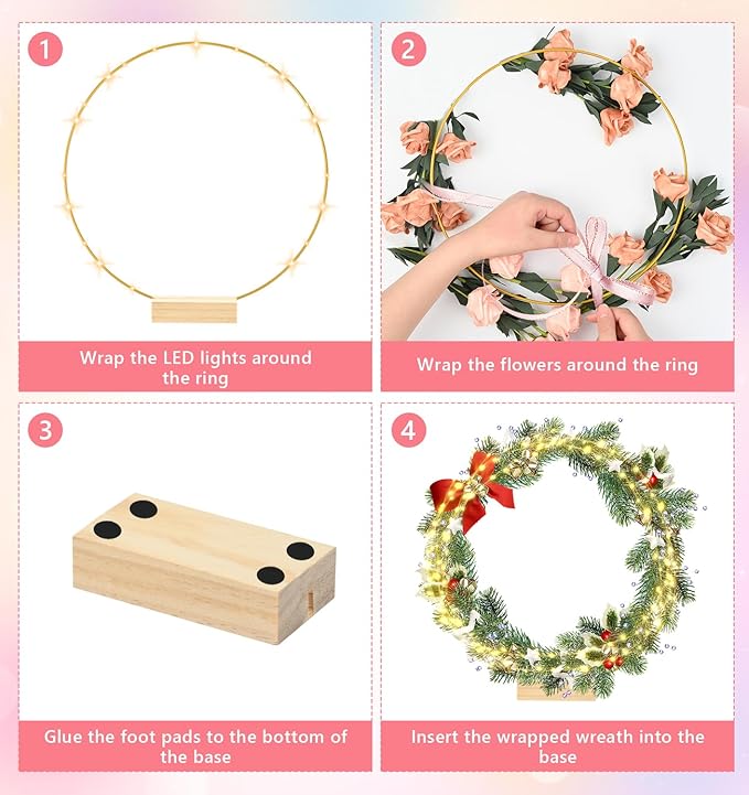 12 Inch 15 Sets Metal Floral Hoop Centerpiece with Wood Stands and LED Fairy Lights, Gold Metal Rings for Christmas Party Dream Catcher Wedding Table Wreath Decor, Wall Hanging Wreaths