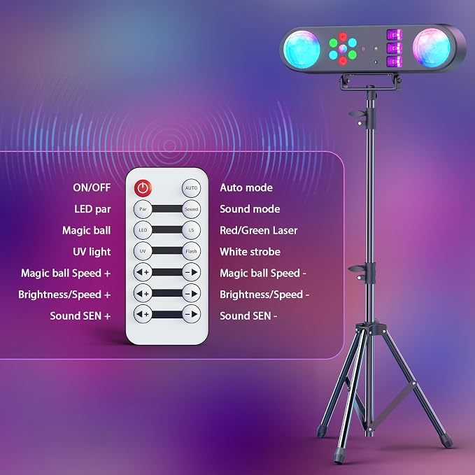 DJ Lights with Stand,5 in 1 Dj Lights for Parties Disco Ball Stage Party Light Set with Sound Activated Control, UV,Strobe, Dyeing, Led Par Light and Pattern Lighting for Bar Wedding Christmas-1PC
