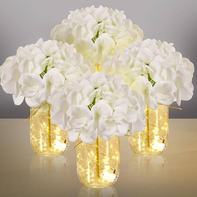 4 Sets Mason Jar Centerpiece with LED Lights and White Hydrangea Fake Flowers Vase for Wedding Bridal Shower Party Coffee Table Decor