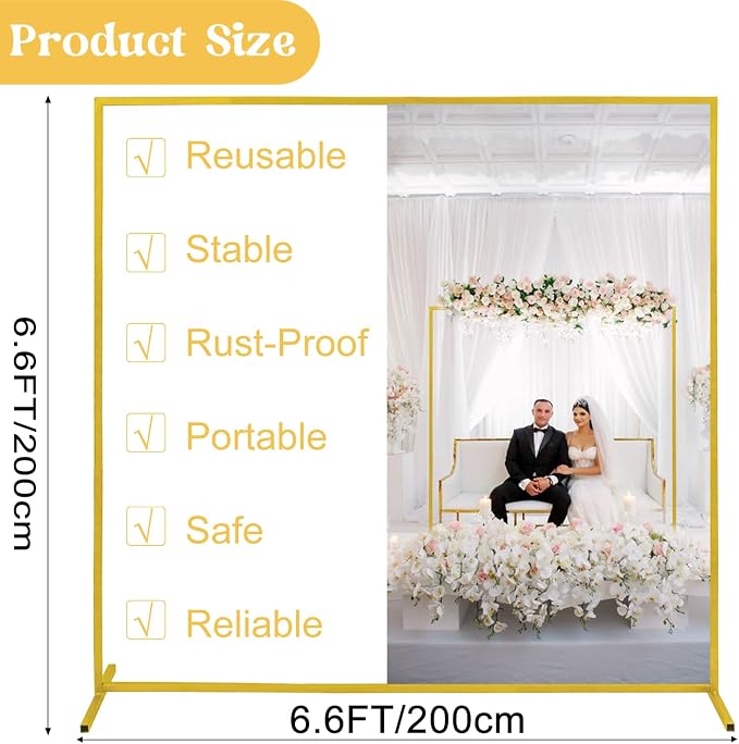 Metal Arch Backdrop Stand 6.6FTx6.6FT Square Wedding Arch Stand Stable Gold Arch Frame Balloon Arch Stand for Wedding Ceremony Birthday Party Bridal Baby Shower Banquet Decoration (Gold)