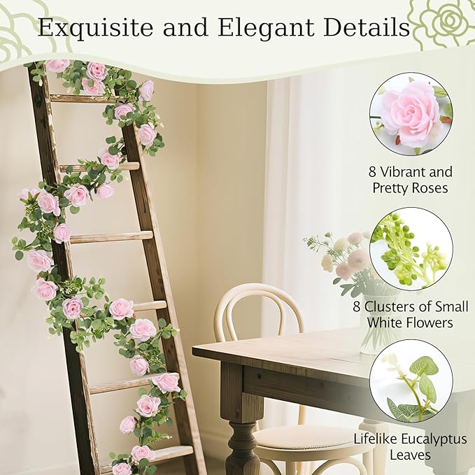 Lewondr Artificial Eucalyptus Garland with Flower - 8 Roses, 6FT Faux Floral Greenery Garlands Fake Flowers Vines, Maintenance-Free for Wedding Table Backdrop Party Centerpiece Room Decor, Pink