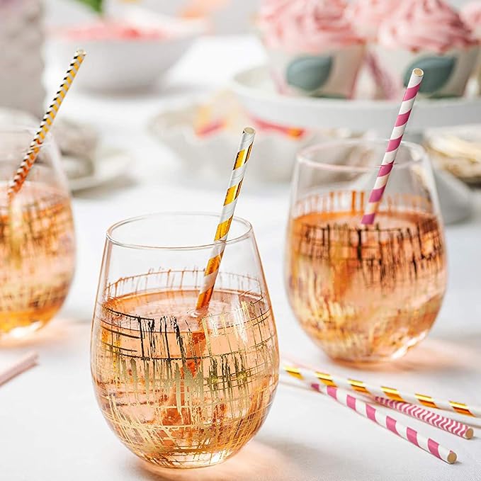 Comfy Package [200 Pack] Hot Pink & Gold Paper Straws Disposable, 100% Biodegradable Multi-Pattern Party Straws For Birthday, Wedding and Holiday Decoration