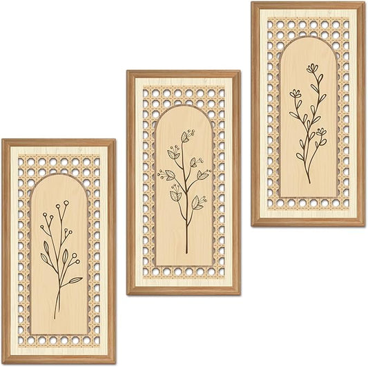IARTTOP 3 Pcs Boho Arch Wicker Wall Decor 8x16 Inch Unframed Rattan Botanical Wood Wall Art Minimalist Rustic Farmhouse Floral Hanging Decor for Home Living Room Bedroom Office