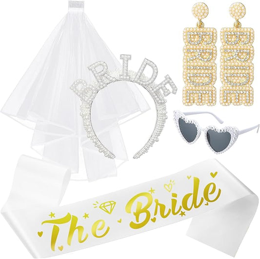 5 Pcs Pearl Bride Headband with Veil Sash Heart Sunglasses Bride Rhinestone Earrings for Bachelorette Party Decorations Bridal Shower Accessories
