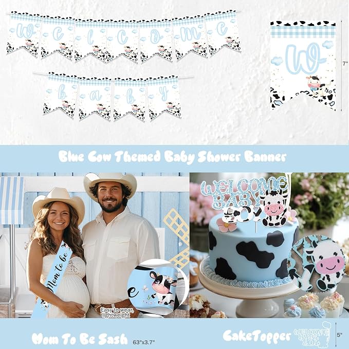 Cow Baby Shower Decorations for Boy, Cow Print Baby Shower Decorations, Blue It’s a Boy Backdrop Balloon Welcome Banner Tablecloth Cake Topper Box Mom To Be Sash