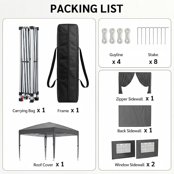 KIGOTY 10x10 FT Portable Pop Up Canopy Tent, Adjustable Height Instant Gazebo with Sidewalls, One-Push Setup Outdoor Canopy for Camping, Parties, Vendor Events (Grey, 3m × 3m)