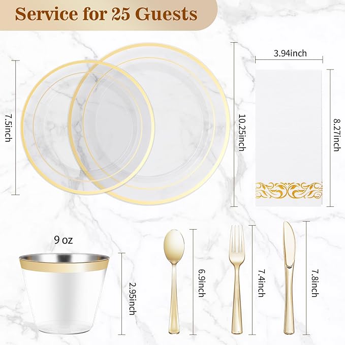 BESTVIP 175PCS Clear Gold Disposable Dinnerware Set for 25 Guests, Plastic Plates for Party, Wedding, Christmas, Include: 50Plastic Plates, 25 Gold Silverware, 25 Cups, 25 Napkins