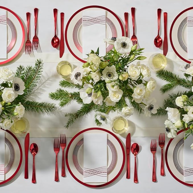 By Madee HEAVYWEIGHT 175 Pc White and Red Disposable Dinnerware Set – Fancy Plastic Plates for Party, Wedding & Bridal Shower (Serves 25)
