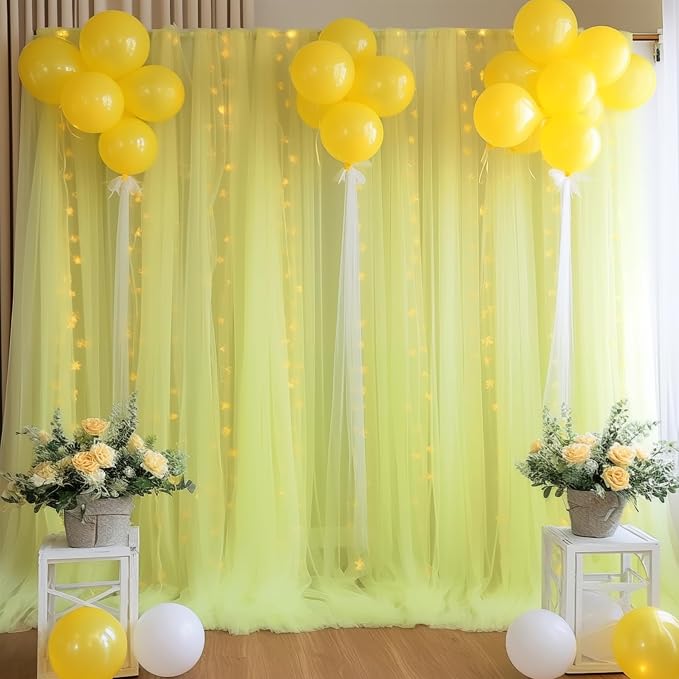 20ft x 10ft Yellow Backdrop Curtain with Lights String for Parties, Sheer Tulle Wedding Photo Backdrops Drapes for Baby Shower Birthday Party Decorations Background for Photography