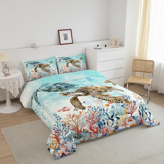 Feelyou Sea Turtle Comforter Set Queen Size Kids Reptile Tortoise Comforter for Boys Girls Teens Ocean Marine Themed Bedding Set Underwater Animal Pattern Duvet Set Summer Quilt