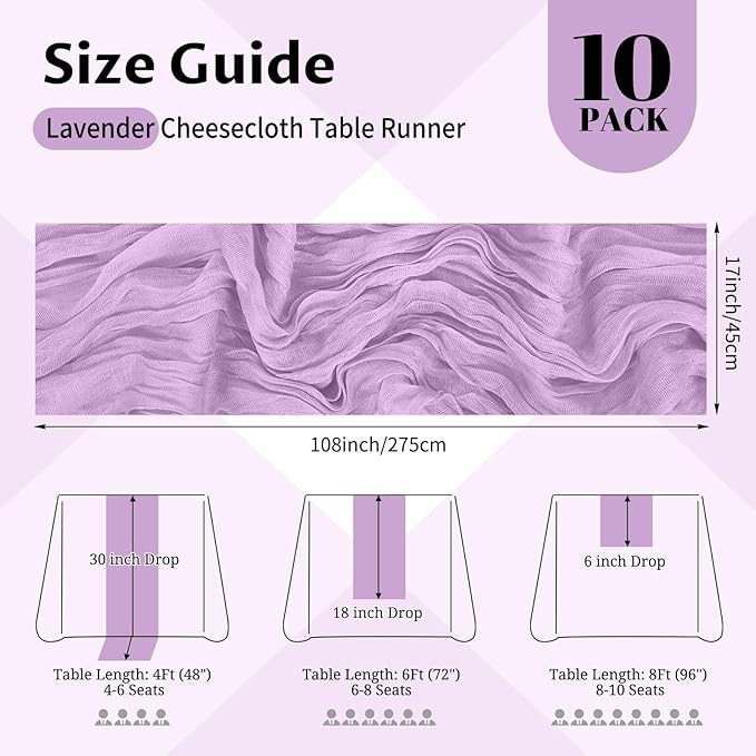 10 Pack Lavender Cheesecloth Table Runner 17x108 Inch Semi Sheer Boho Gauze Cheese Cloth Table Runners, for Wedding Bridal Shower Birthday Party Home Decor Garden Farmhouse