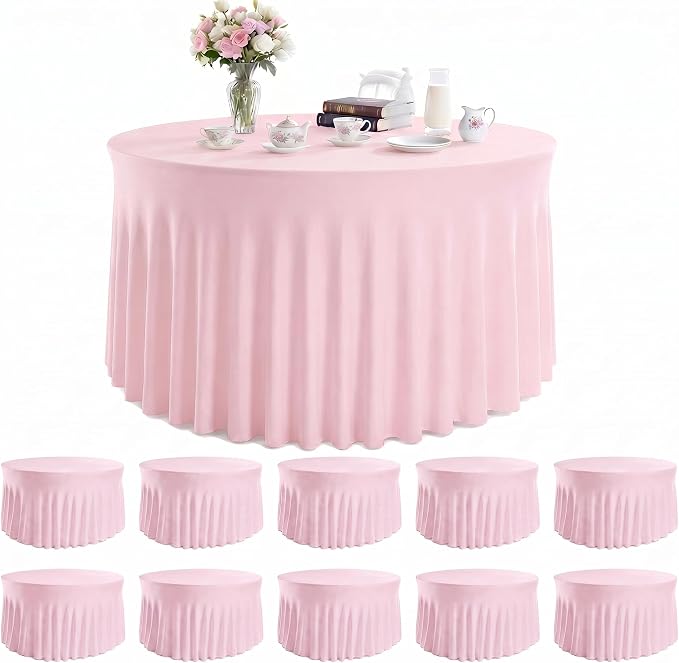 10 Pack Pink Round Spandex Tablecloths for 60in Tables, 120 Inch Stretch Fitted Table Skirts, Wrinkle-Free Washable Polyester Covers for Wedding, Banquet & Party