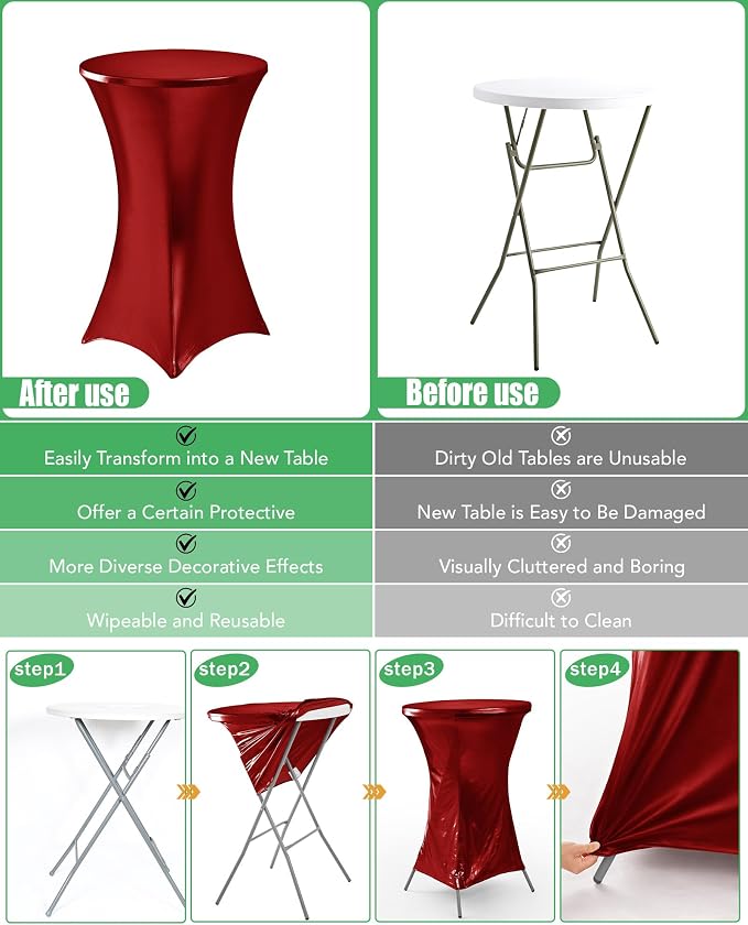 Cocktail High Top Table Covers - 32x43 Inch Fitted Spandex Round Cocktail Tablecloth for Bar Height Standing Table Cloths Reusable, for Party Wedding Banquet Event Decorations, Shiny Red, 8 Pack