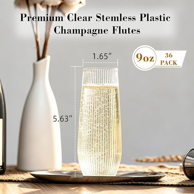 HOMIP 36pcs Clear Plastic Champagne Flutes - 9oz Disposable Champagne Flutes Stemless Toasting Glasses, Ribbed Ripple Design (BPA-Free) for Weddings, Bars & Events - Disposable Party Cups