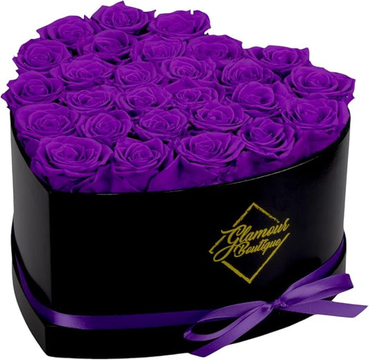 GLAMOUR BOUTIQUE 27 Flower Forever Heart Shape Box, Mothers Day Gift For Mom, Eternal Preserved Roses Gift for Her, Flowers bouquet, For Birthday, Anniversary, Girlfriend - Purple (Color-Treated)