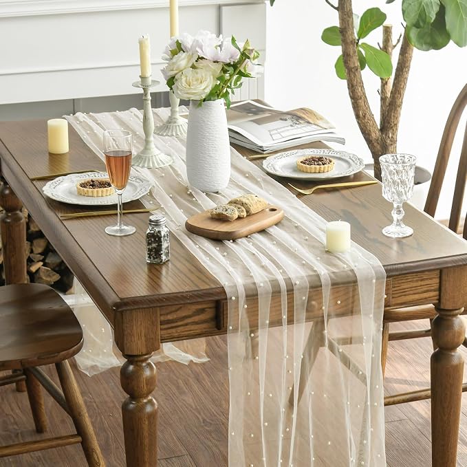 Artoid Mode 10PCS Pearl Beige Gauze Table Runner 120 Inch 10FT, Seasonal Sheer Dining Holiday Wedding Birthday Baby Shower Table Decor for Home Party