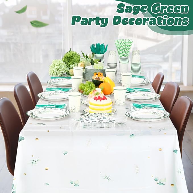 Funnymoom 452 Pcs Sage Green Party Decorations for 50 Guests, Eucalyptus Theme Paper Plates Napkins Cups Tablecloth Cutlery Straws for Bridal Baby Shower Birthday Wedding Party Decorations Supplies