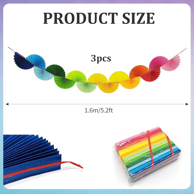 Rainbow Paper Fan Garland - Set of 3 Reusable Party Decorations for Birthday, Baby Shower, Bachelorette, Wedding, 1.6m Each, Easy Hang Backdrop Decor (3 Pack)