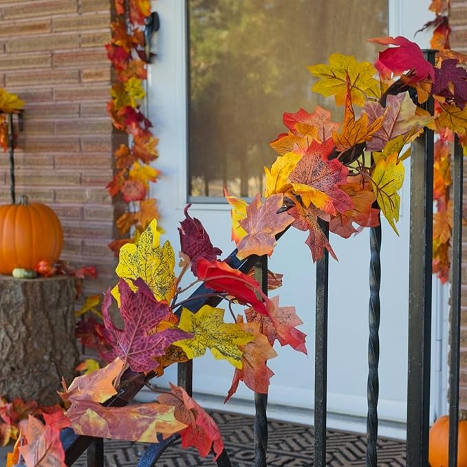 CQURE 16 Pack Fall Leaf Garland, 5.9Ft Autumn Garland Artificial Maple Leaf Fall Maple Leaves Hanging Vines Thanksgiving Decor for Home Christmas Fireplace Party